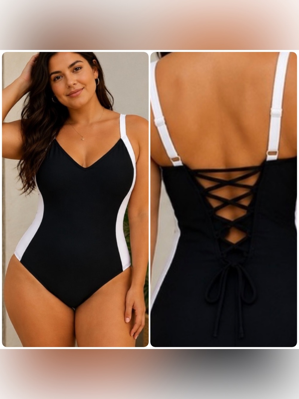 NWT EoMENIE Black & White Lace Up Back One-Piece‎ Swimsuit -- 2XL
